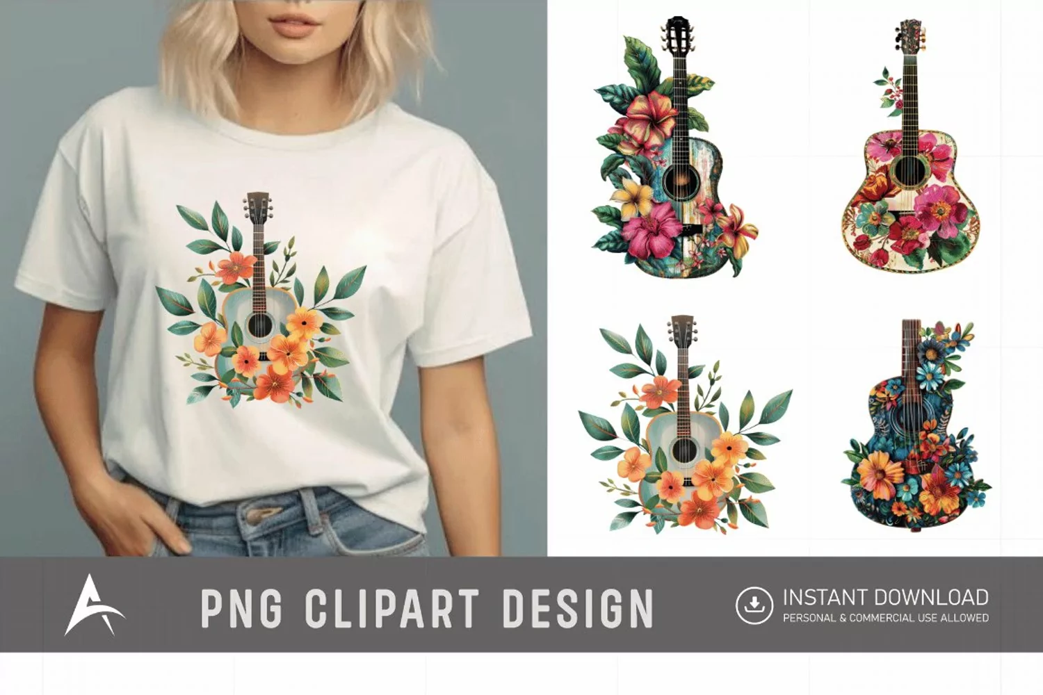 Watercolor Acoustic Guitars Flowers Clipart product image 1