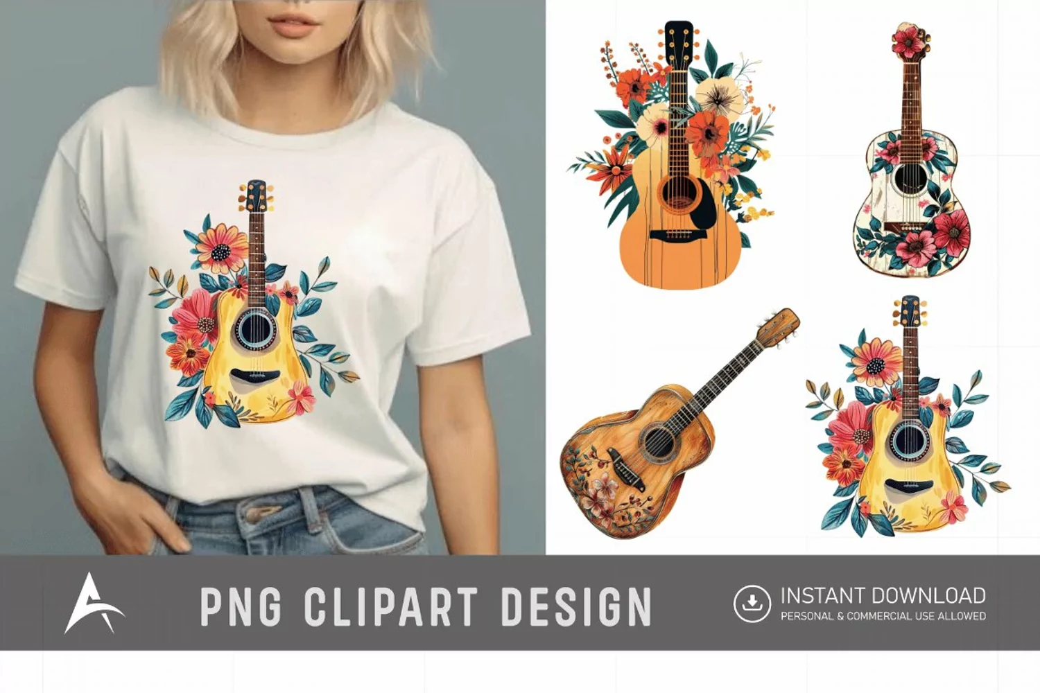Watercolor Acoustic Guitars Flowers Clipart product image 1