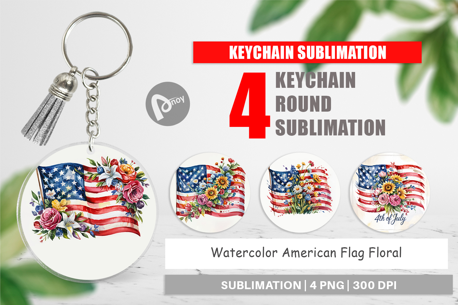 Keychain Watercolor American Flag Floral product image 1