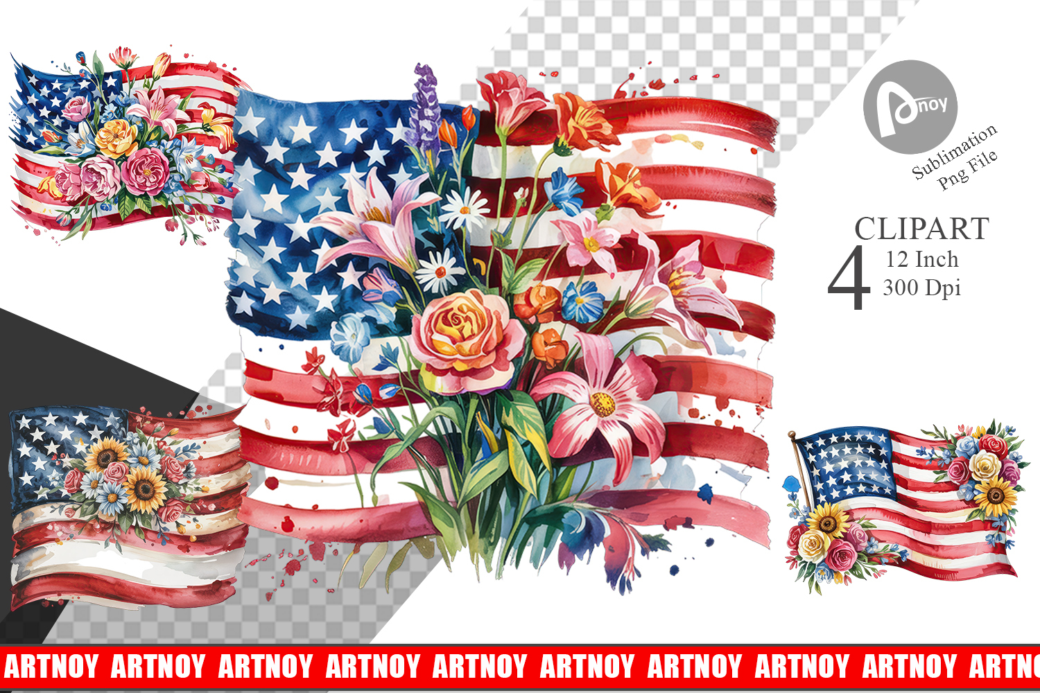 Watercolor American Flag Floral Clipart product image 1