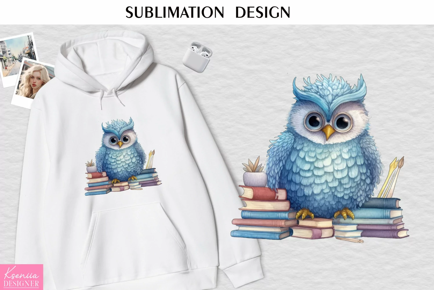 Blue Funny Owl with Books| Watercolor Sublimation Design product image 1