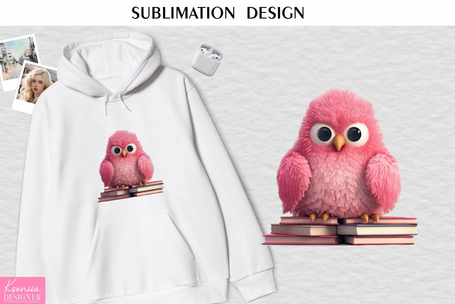 Pink Fluffy Owl with Books| Watercolor Sublimation Design product image 1