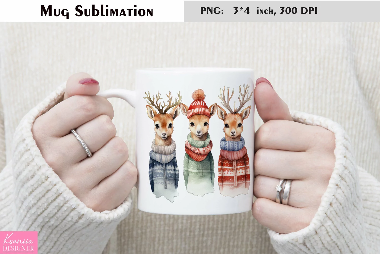 Watercolor Christmas Mug Sublimation|Cartoon Animal Design product image 1