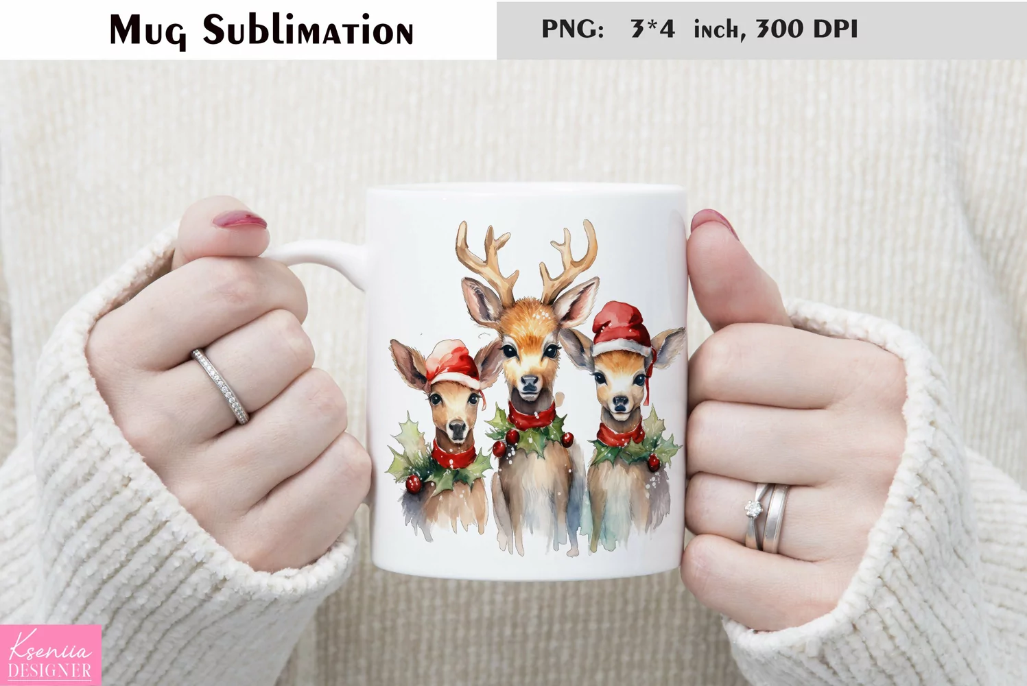 Watercolor Christmas Mug Sublimation|Cartoon Animal Design product image 1