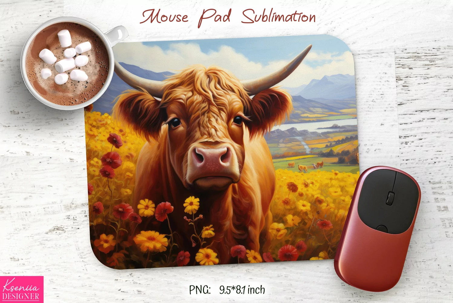 Floral Highland Cow Sublimation|Flower Mouse Pad Design product image 1