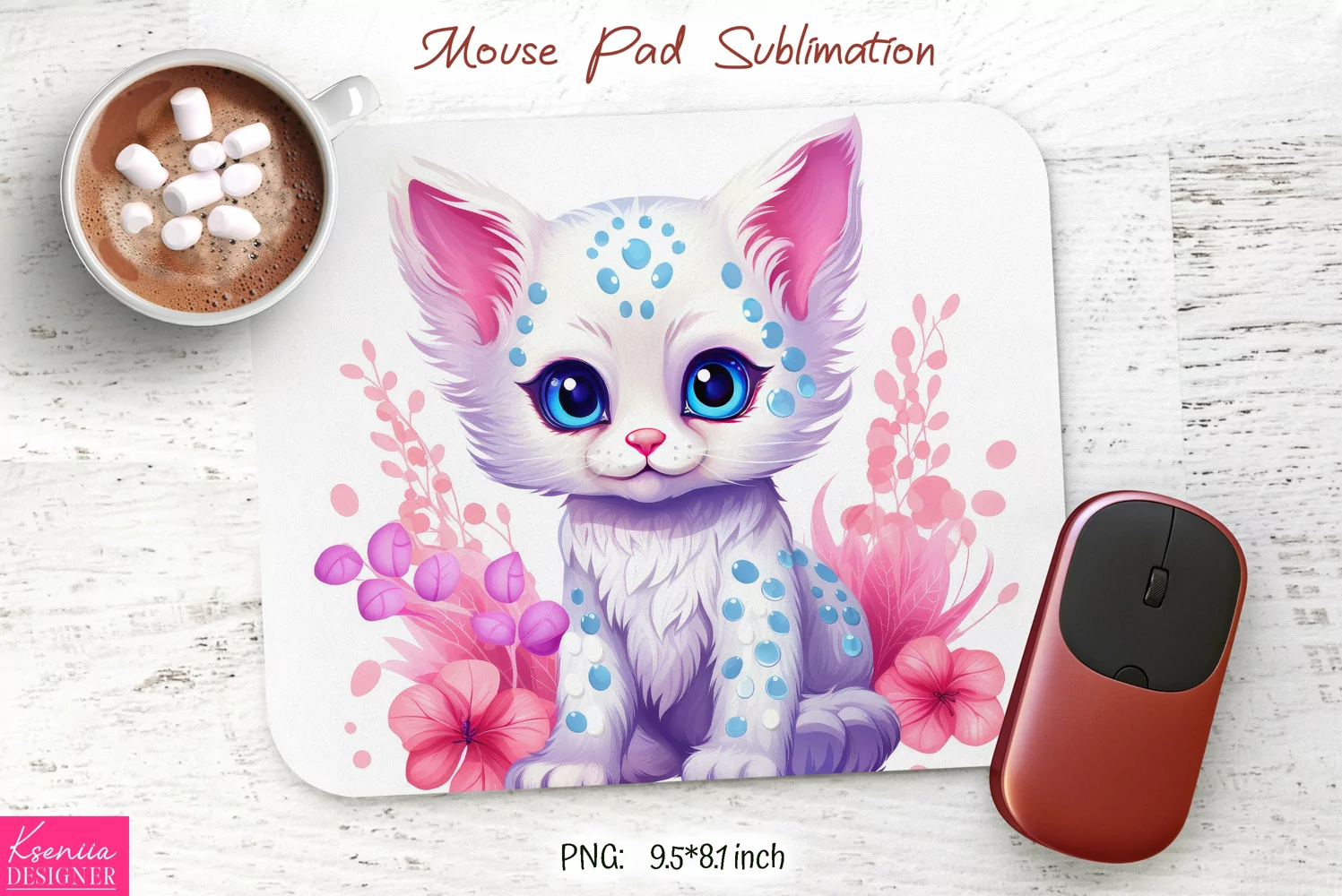 Cartoon White Cat Head with Roses|Floral Mouse Pad Design product image 1