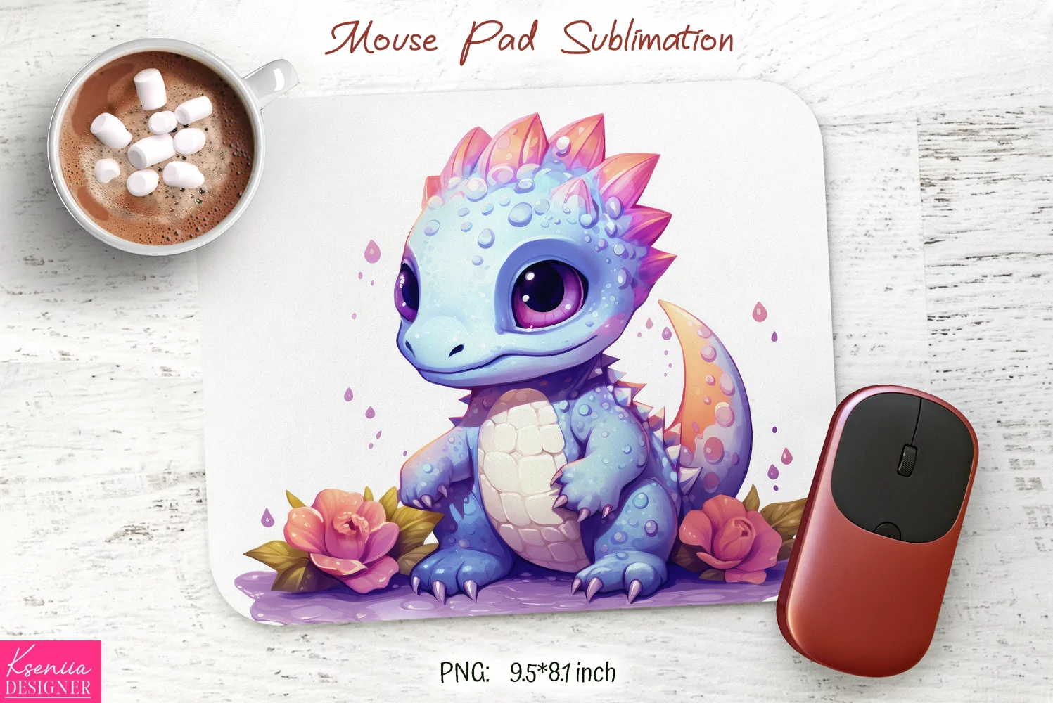 Little Baby Dinosaur with Pink Flower| Mouse Pad Design product image 1