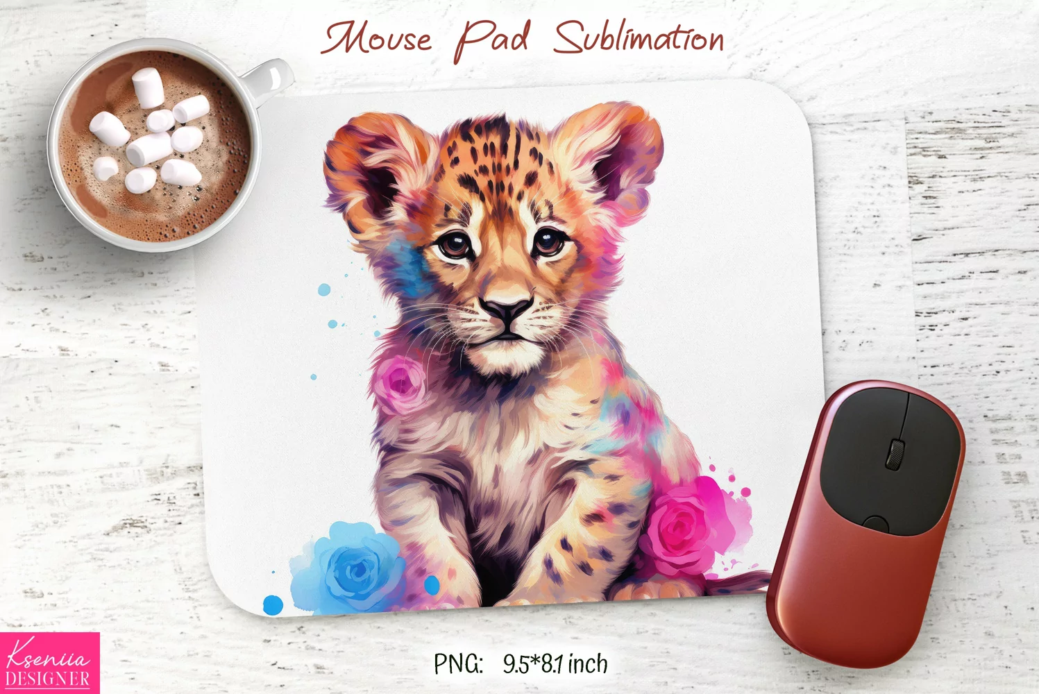Watercolor Baby Leopard with Flowers| Mouse Pad Sublimat product image 1