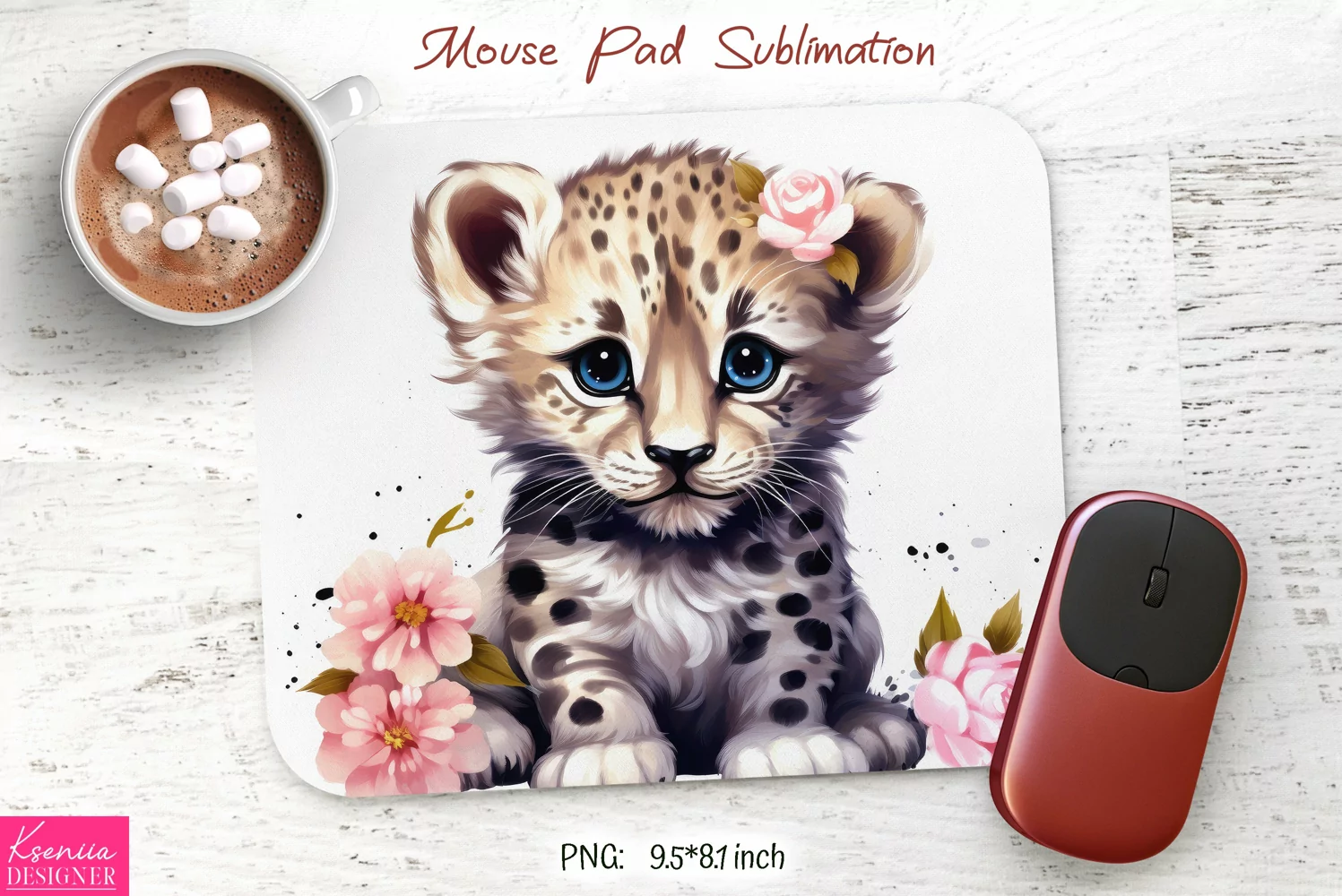 Watercolor Baby Leopard with Flowers| Mouse Pad Sublimat product image 1