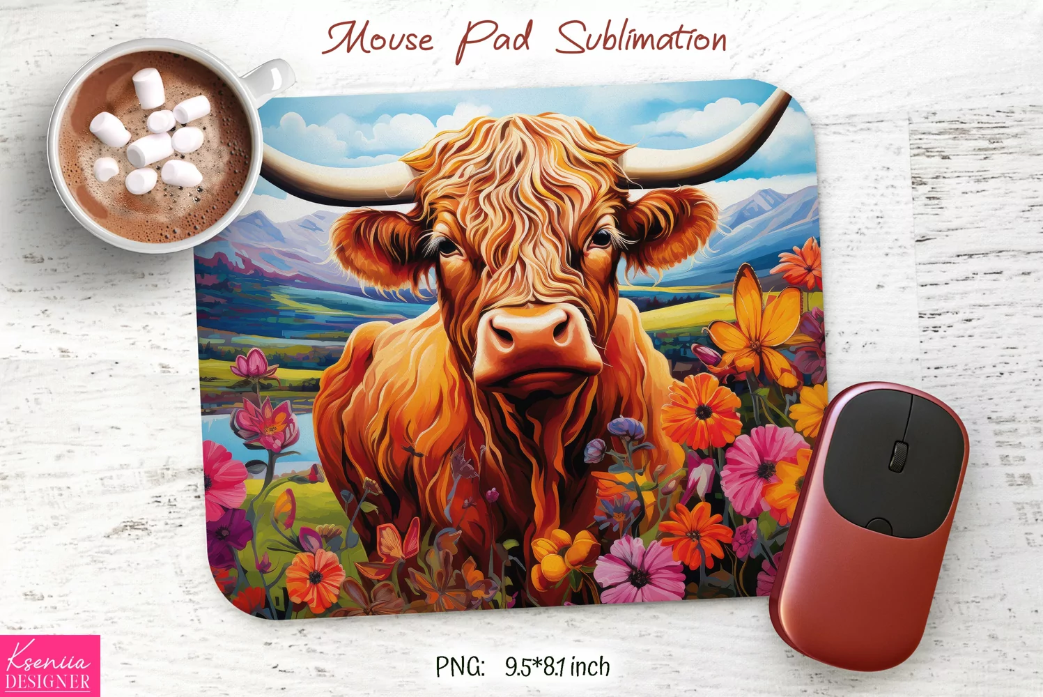 Floral Highland Cow Sublimation|Flower Mouse Pad Design product image 1