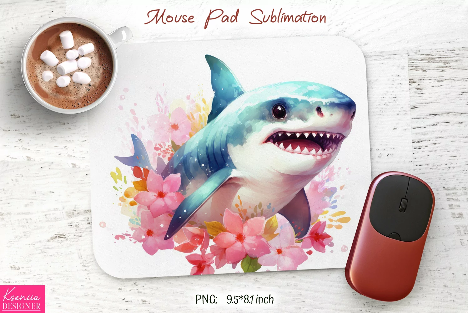 Watercolor Big Blue Shark|Flower Mouse Pad Sublimation product image 1