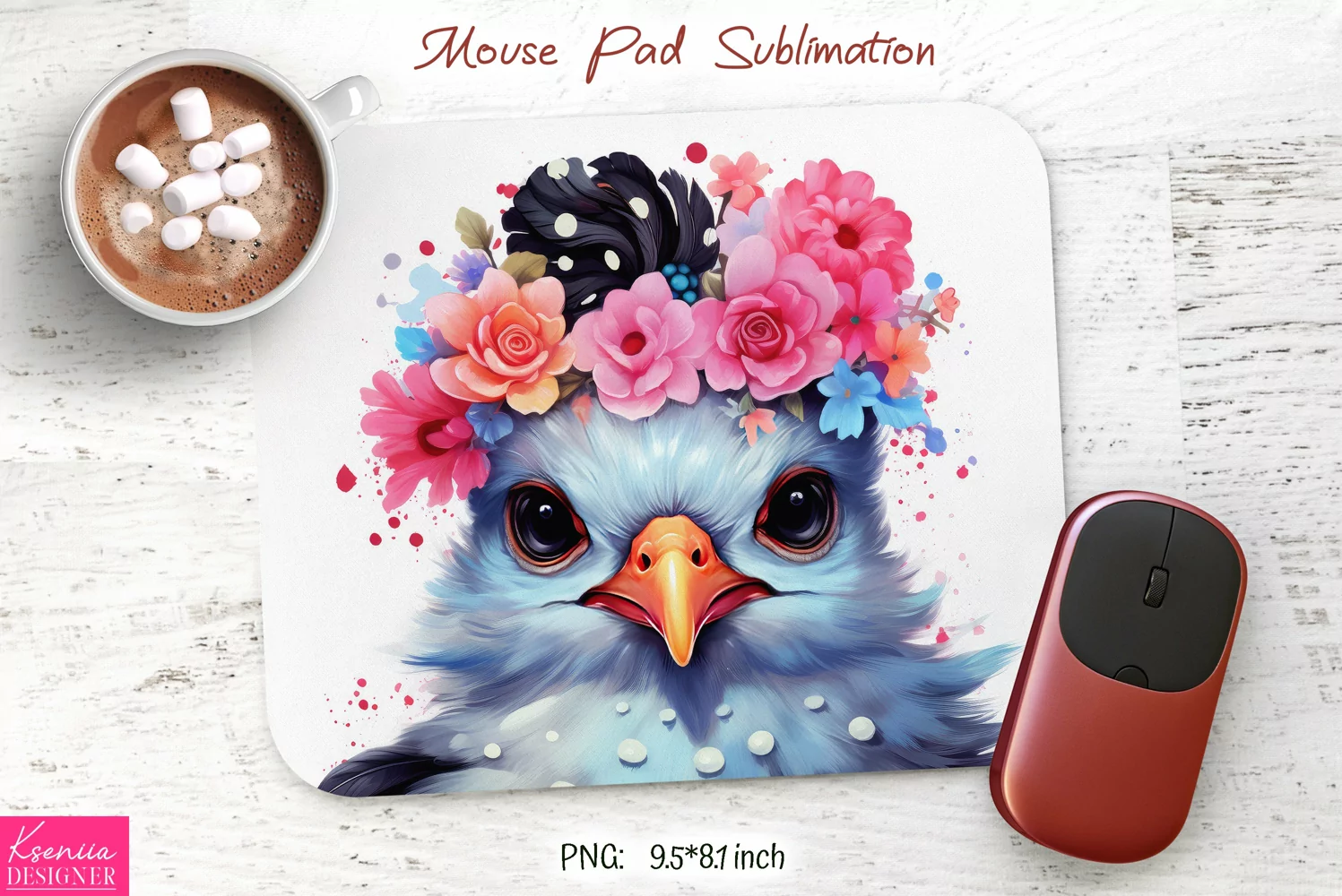 Watercolor Bird Head|Flower Mouse Pad Sublimation product image 1