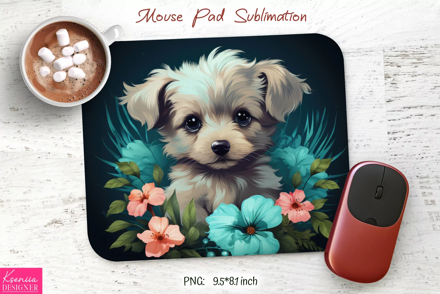 White Puppy with Flowers |Mouse Pad Sublimation product image 1