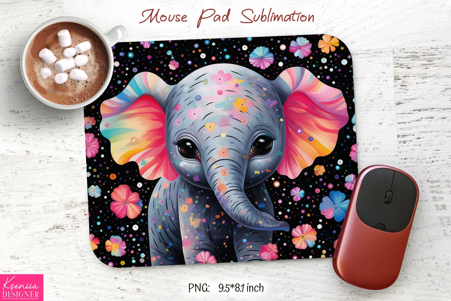 Watercolor Rainbow Elephant|Flower Mouse Pad Sublimation product image 1