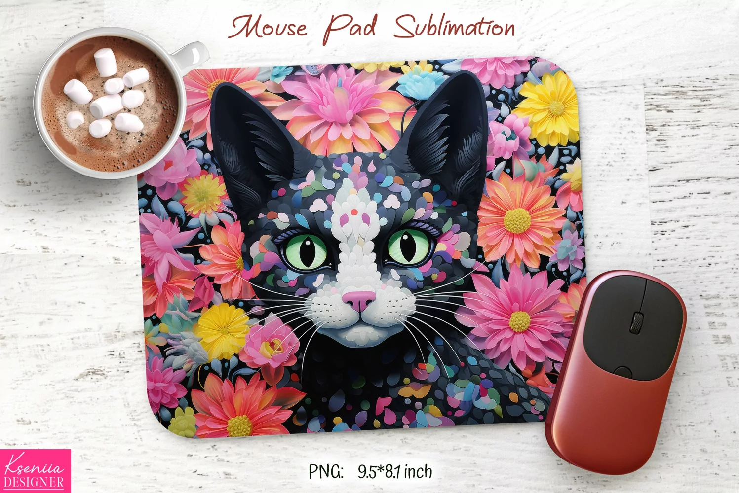 Floral Black Cat Head with Green Eyes | Mouse Pad Design product image 1