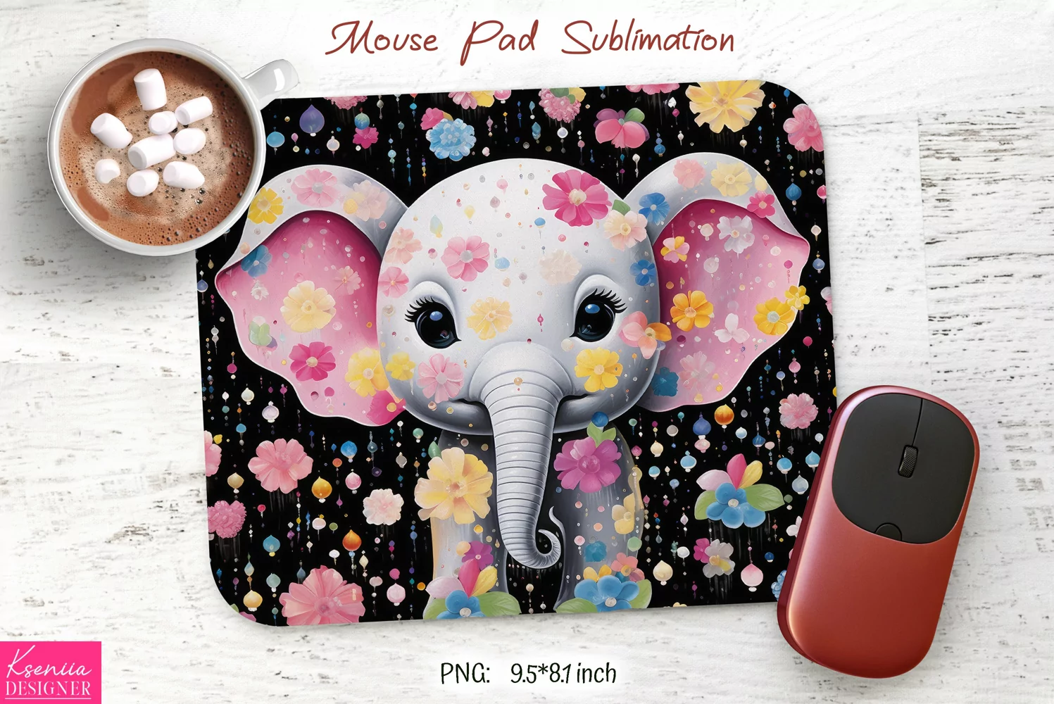 Flower White Baby Elephant|Flower Mouse Pad Sublimation product image 1