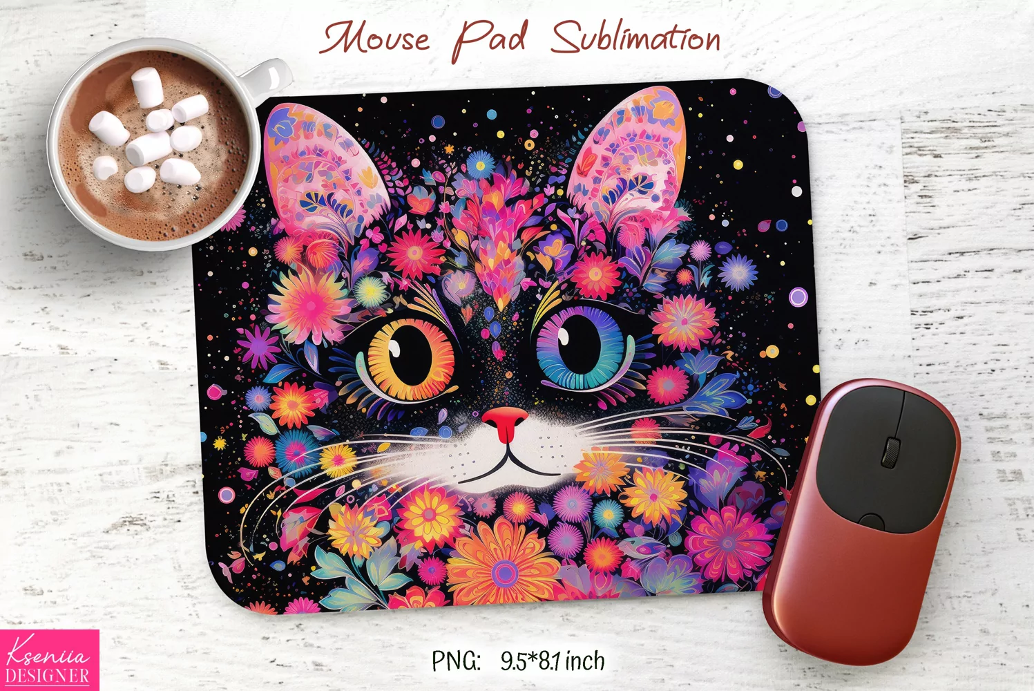 Pink Flowers|Black Cat with Big Eyes Mouse Pad Sublimation product image 1