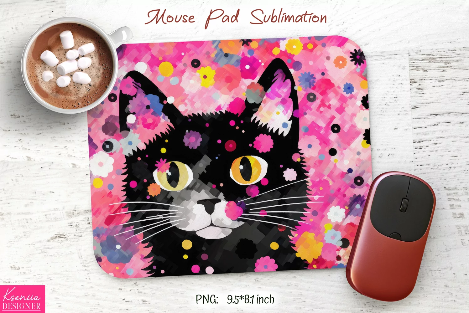 Pink and Black Cat with Big Eyes |Pop Art Mouse Pad product image 1