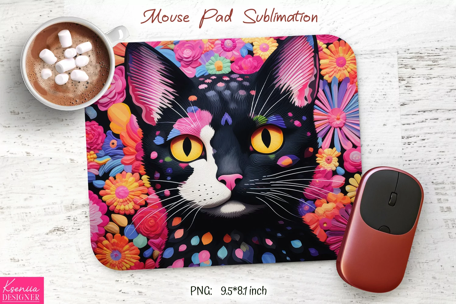 Floral Black Cat Head with Yellow Eyes | Mouse Pad Design product image 1