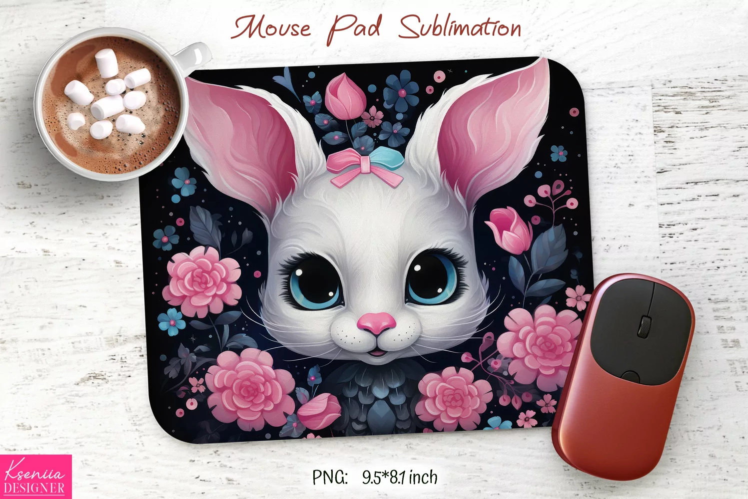 White Little Bunny with Big Eyes|Easter Mouse Pad Design product image 1