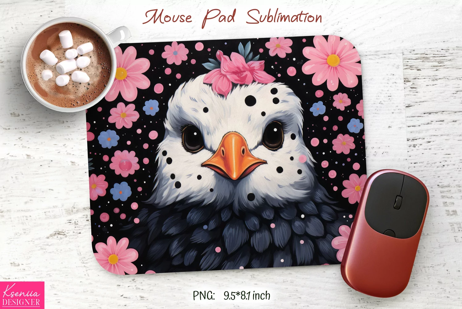 White Bird Head|Pink Flower Mouse Pad Sublimation product image 1