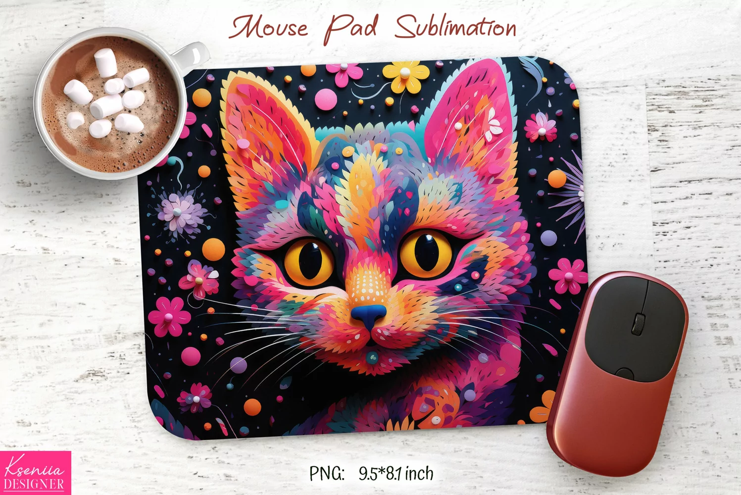 Floral Pink Cat Head with Yellow Eyes | Mouse Pad Design product image 1