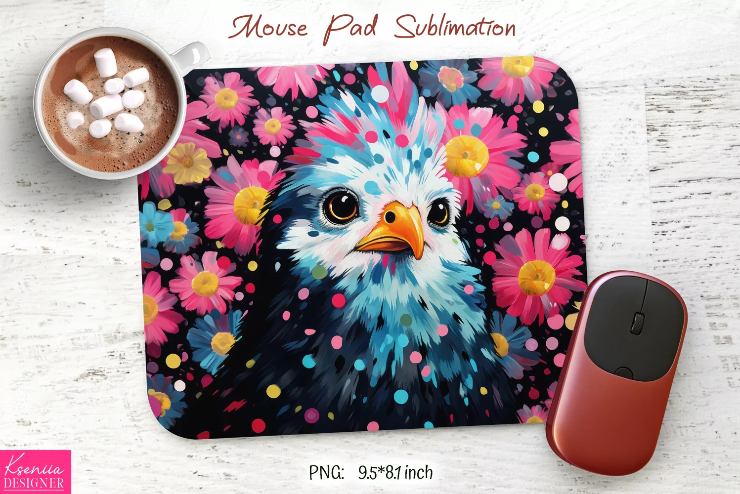 Cartoon Bird Head|Pink Flower Mouse Pad Sublimation product image 1
