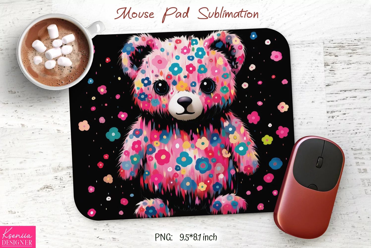 Cute Pink Floral Bear|Flower Mouse Pad Sublimation product image 1
