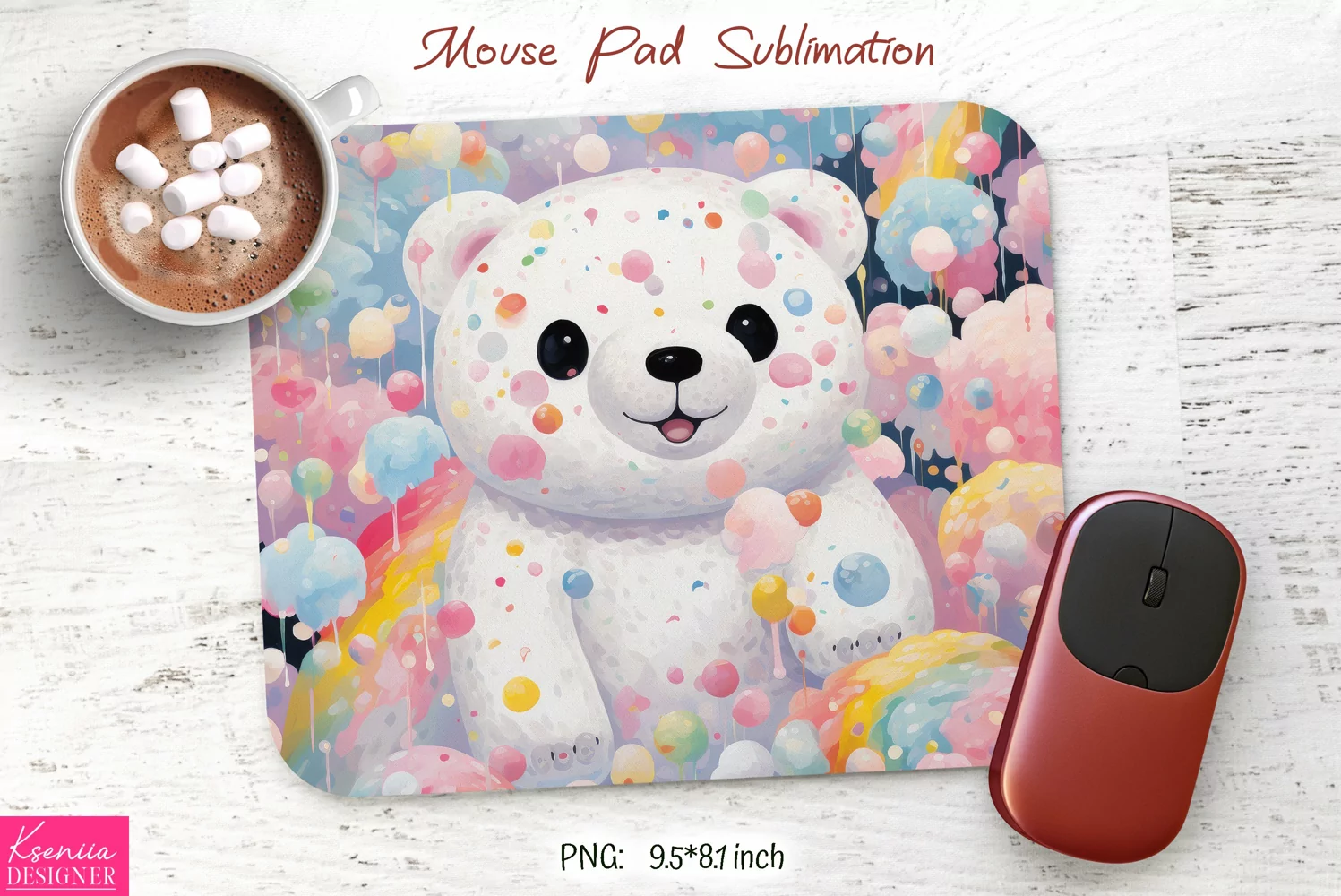 White Bear Head| Rainbow Mouse Pad Sublimation product image 1