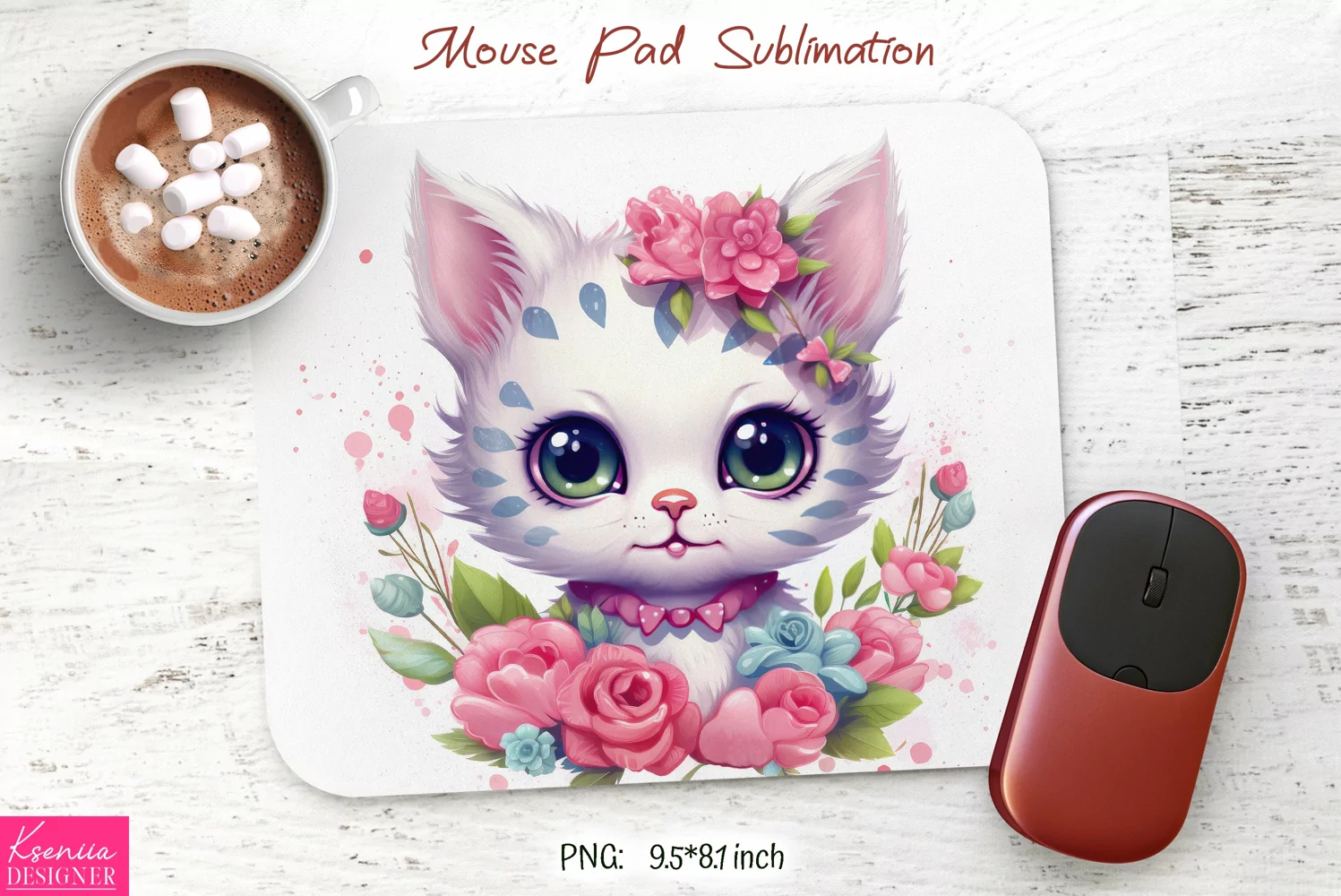 Cartoon White Cat Head with Roses| Mouse Pad Design product image 1