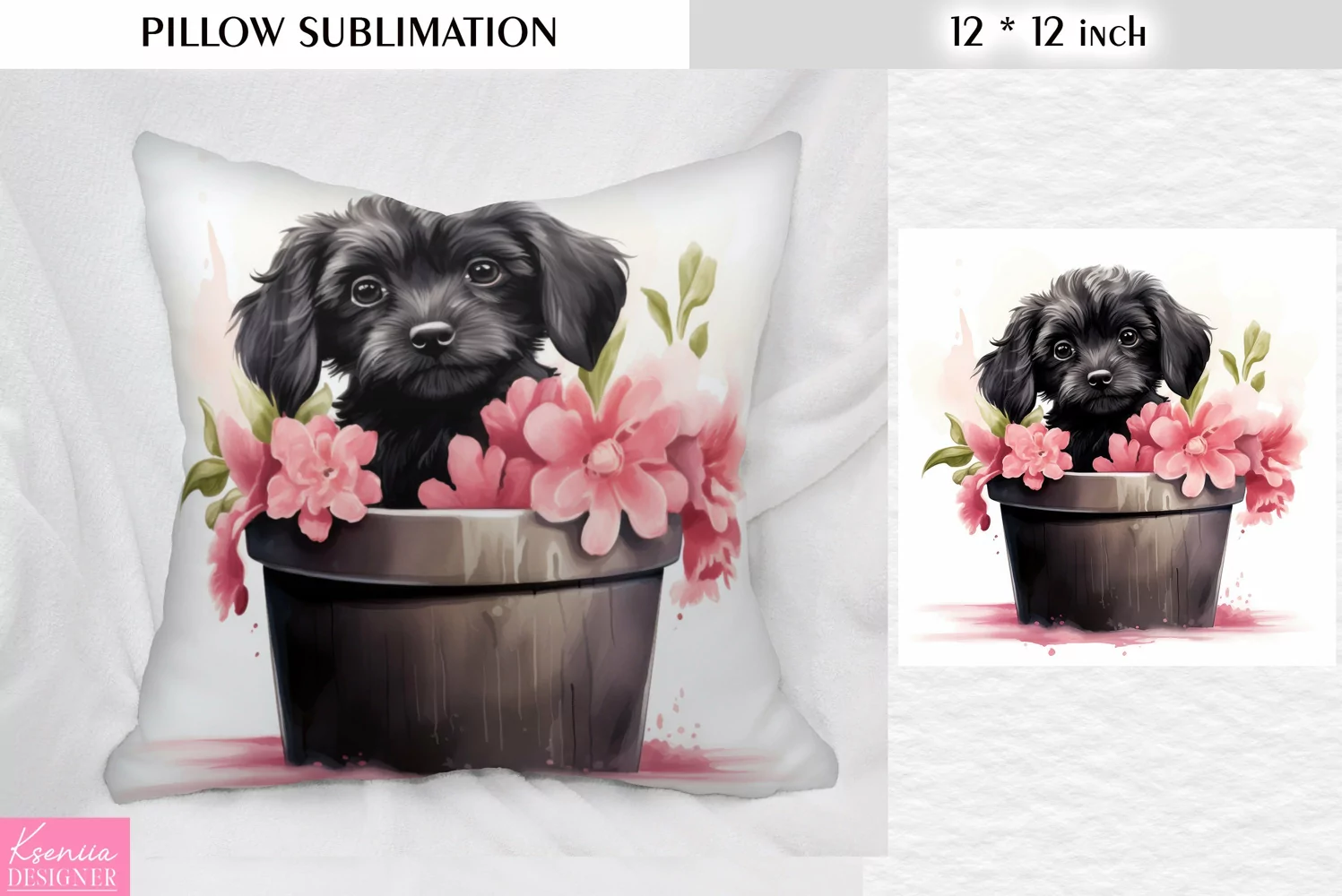 Black Puppy in the Clay Pot|Pillow Sublimation product image 1