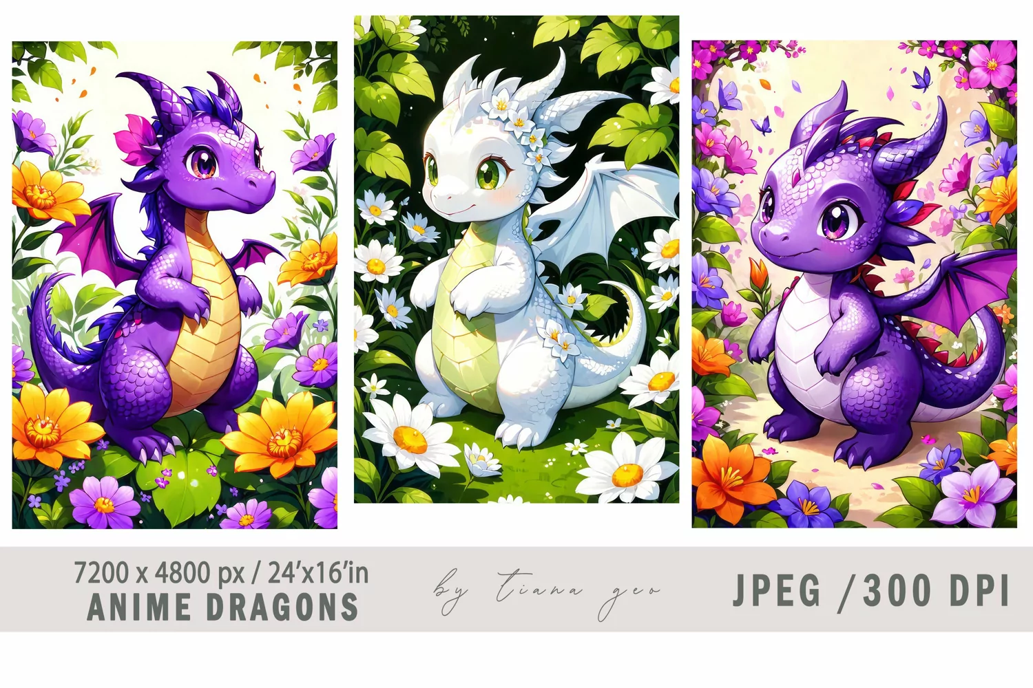 Cute anime white dragon illustrations for prints- 3 Jpeg product image 1