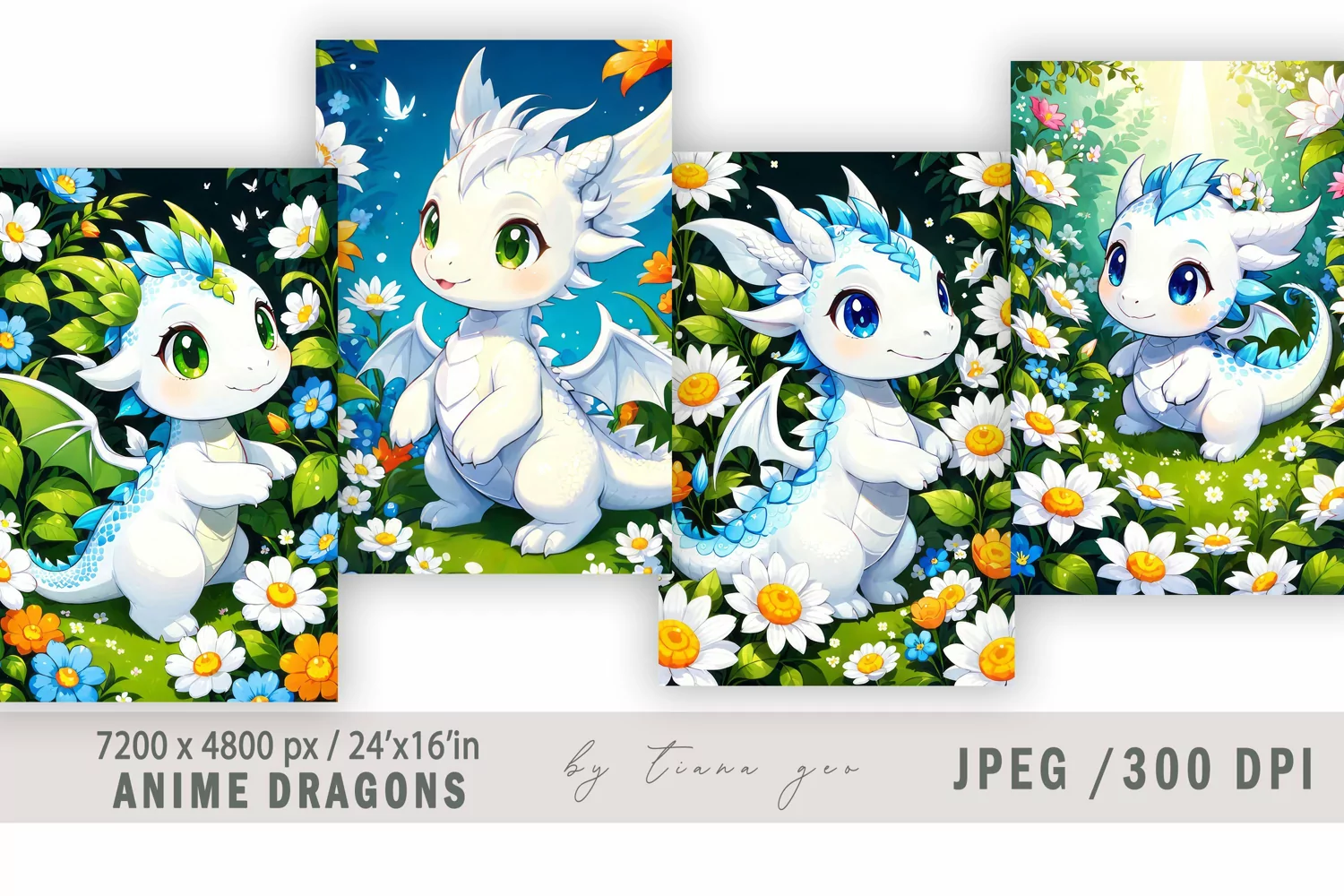 Cute anime white dragon illustrations for prints- 4 Jpeg product image 1
