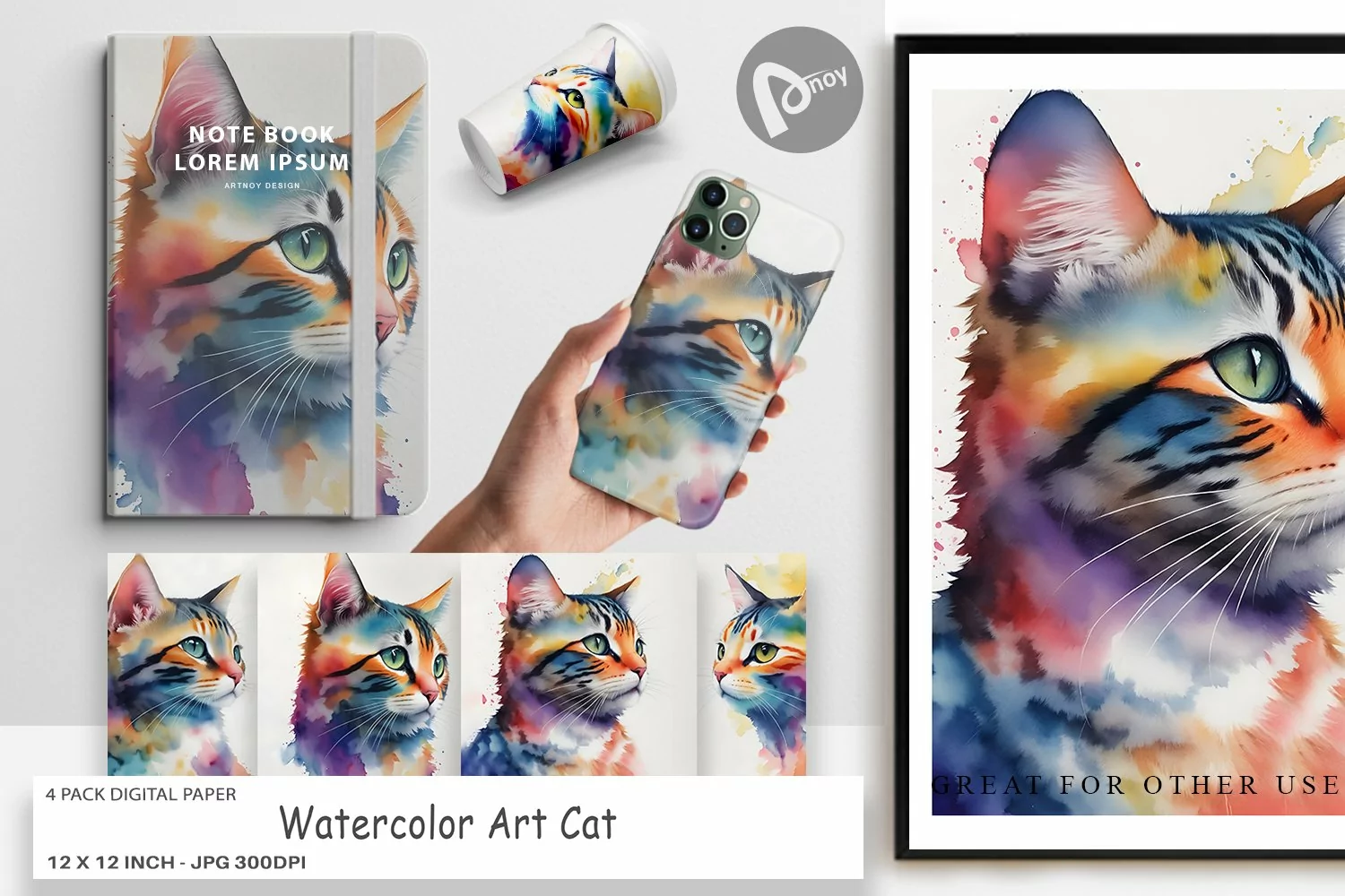 Digital Paper Watercolor Art Cat product image 1