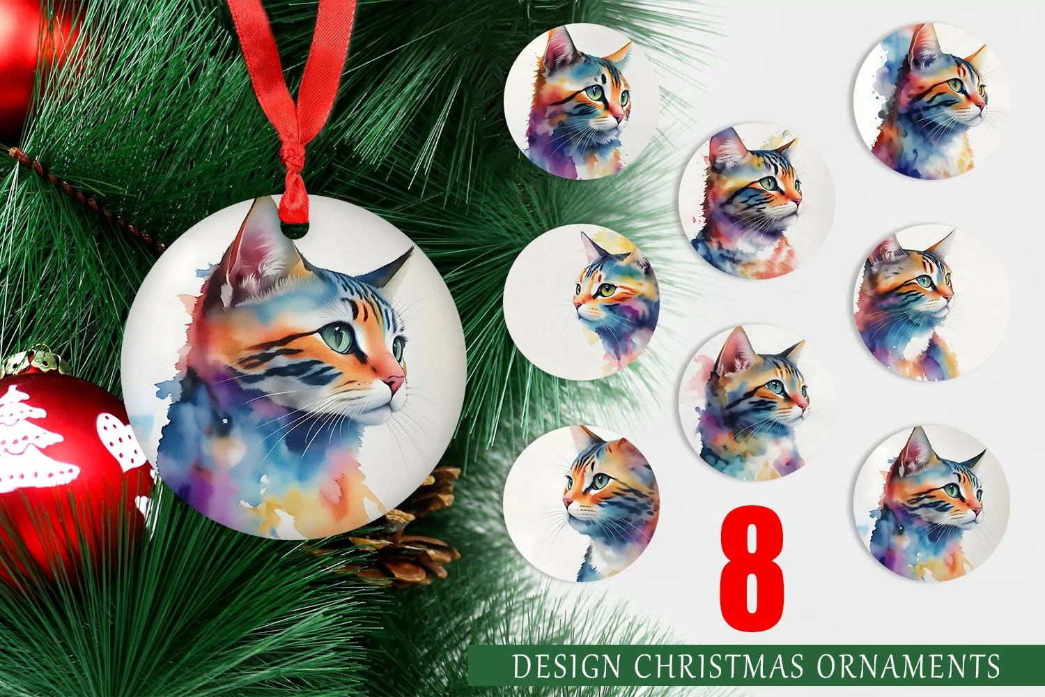 Christmas Ornaments Watercolor Art Cat product image 1