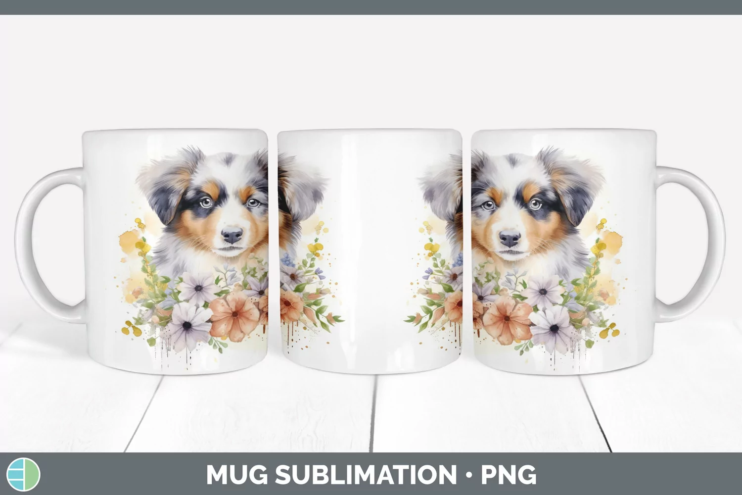 GorgeousWild Flowers Australian Shepherds Mug Wrap design.