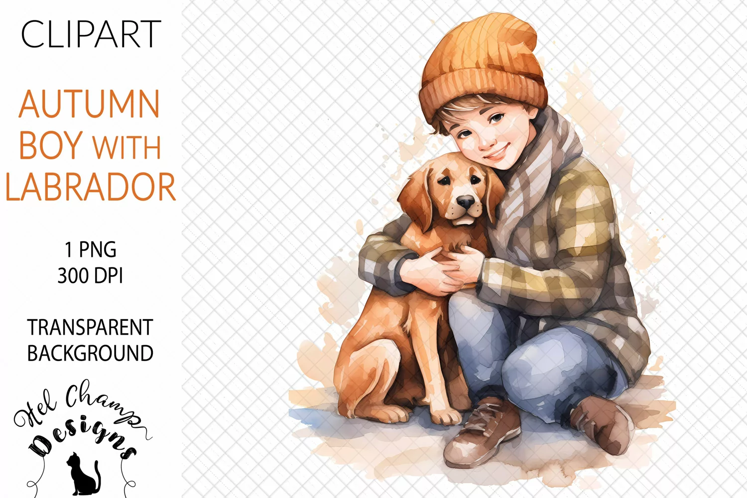 Watercolor autumn boy dog labrador sublimation clipart tranparent