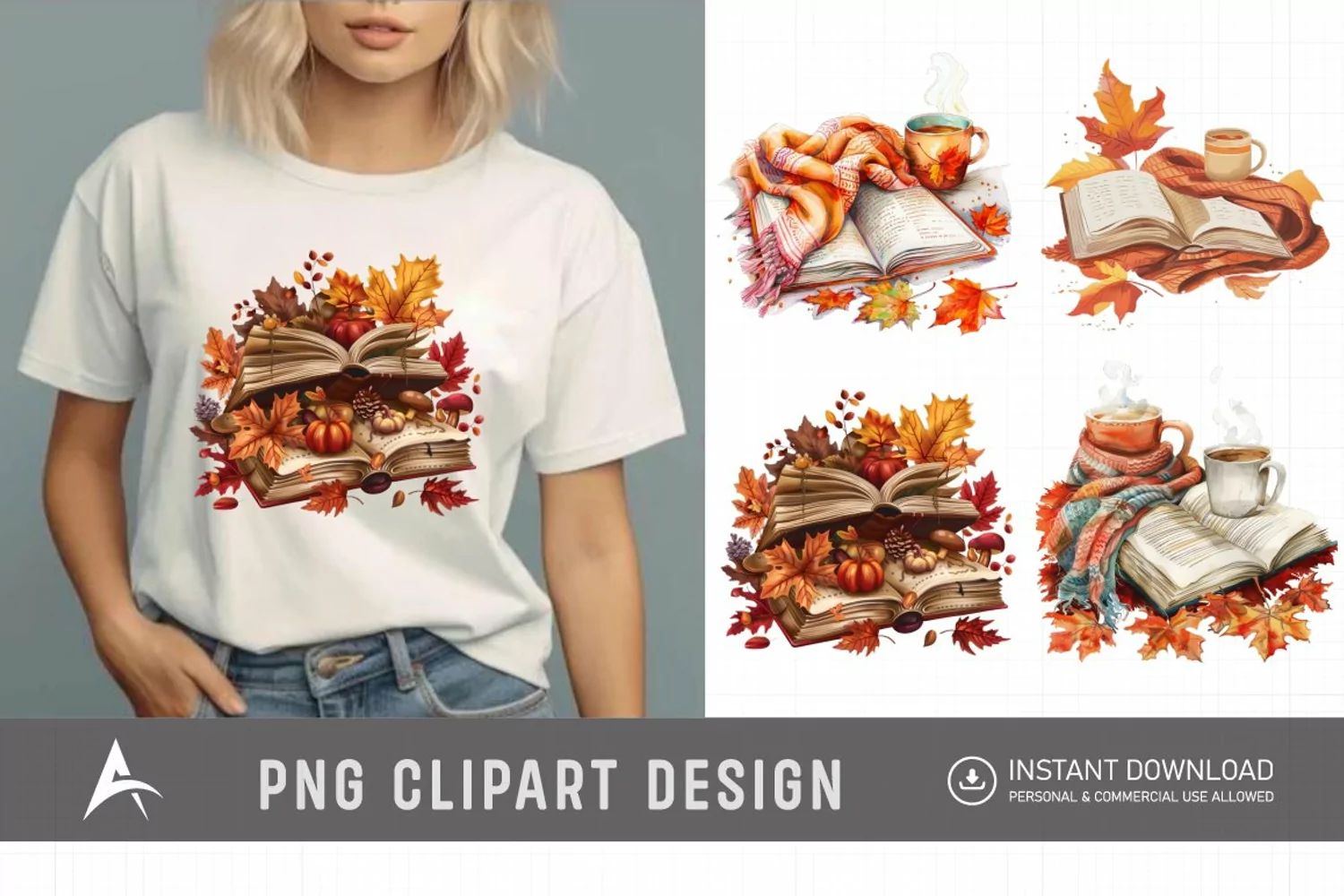 Watercolor Autumn Cozy Book Clipart product image 1