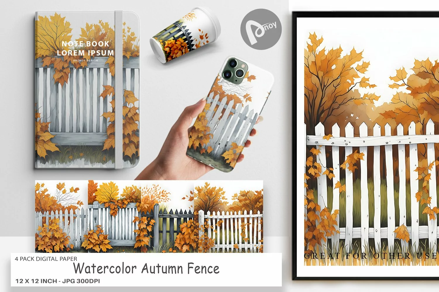 Digital Paper Watercolor Autumn Fence product image 1