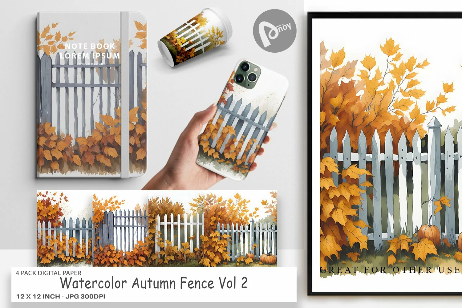 Digital Paper Watercolor Autumn Fence product image 1