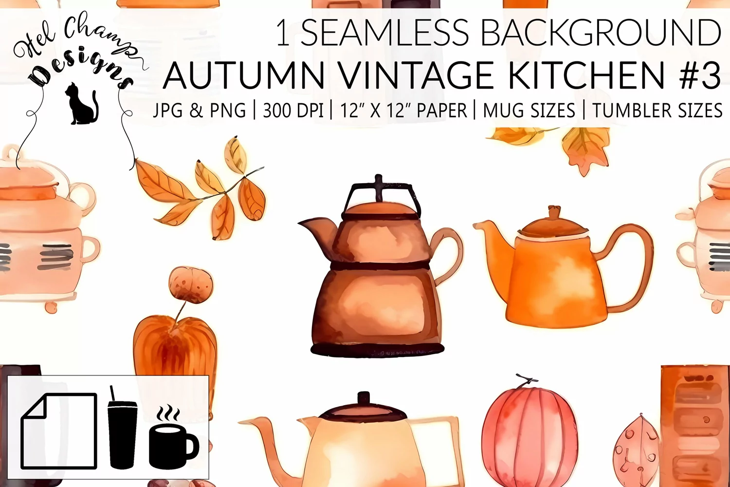 Watercolor autumn vintage kitchen tools scrapbooking papers  sublimation mug tumbler 1