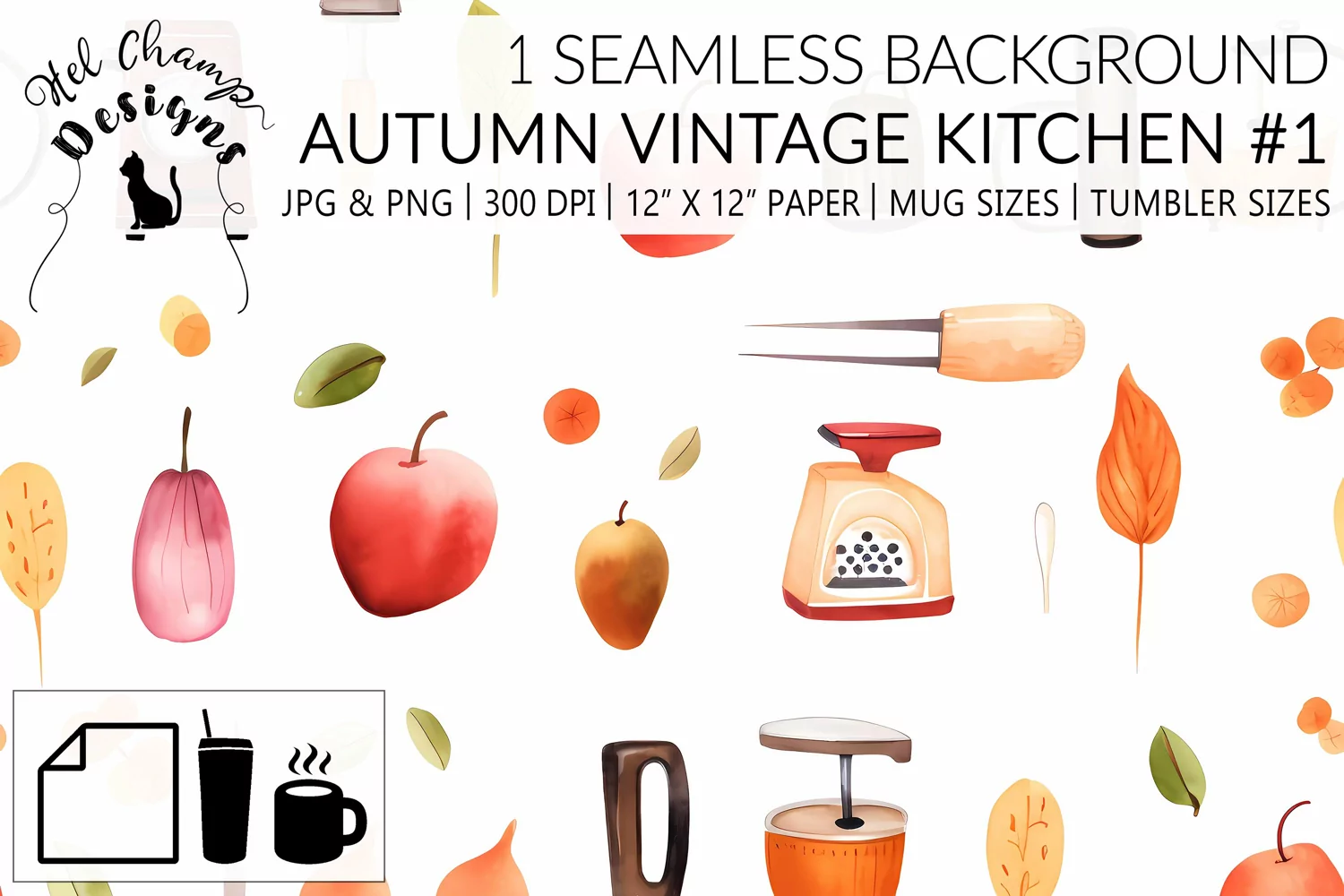 Watercolor autumn vintage kitchen tools scrapbooking papers  sublimation mug tumbler 1