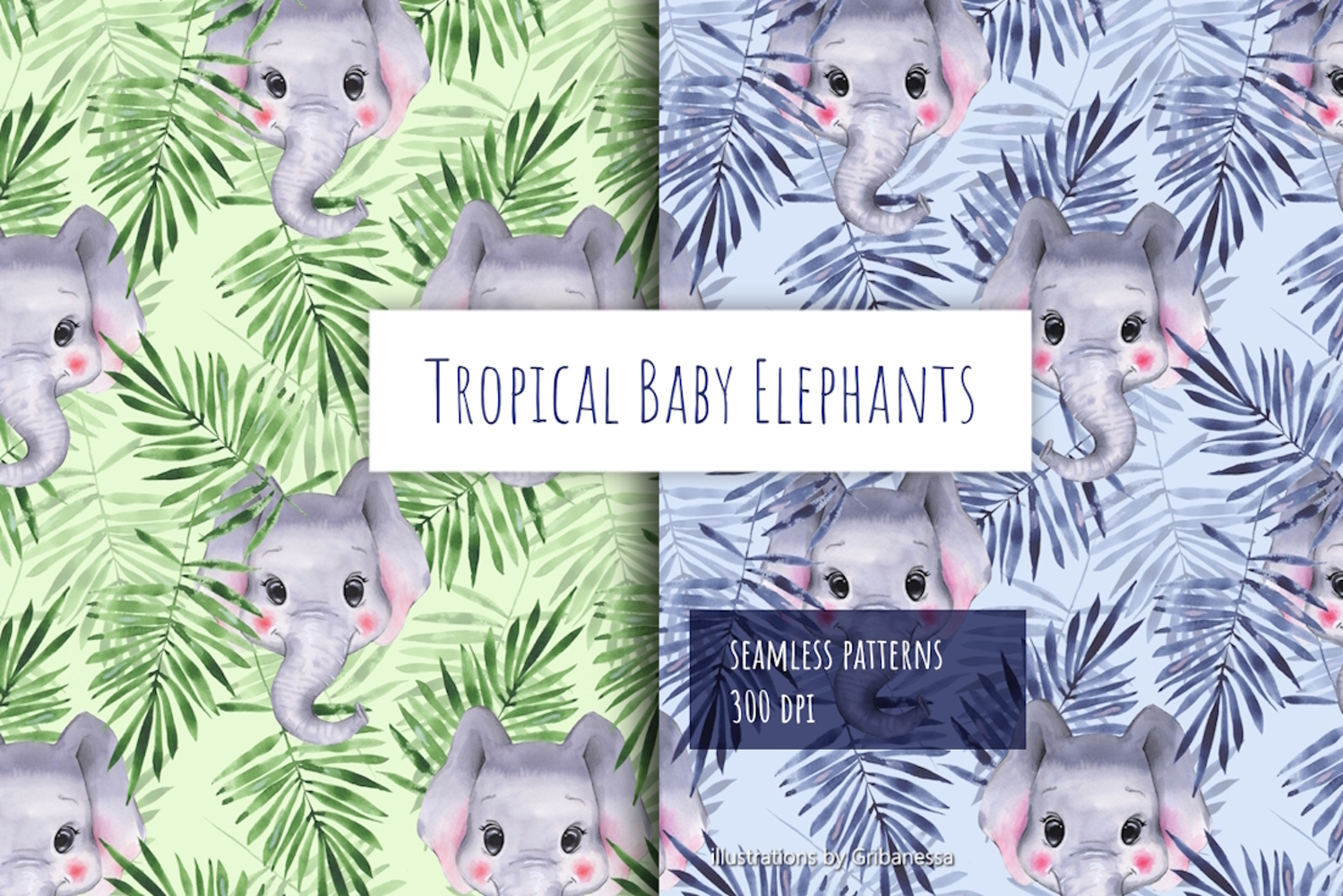 Watercolor Baby Elephants & Palm Leaves Seamless Patterns product image 1