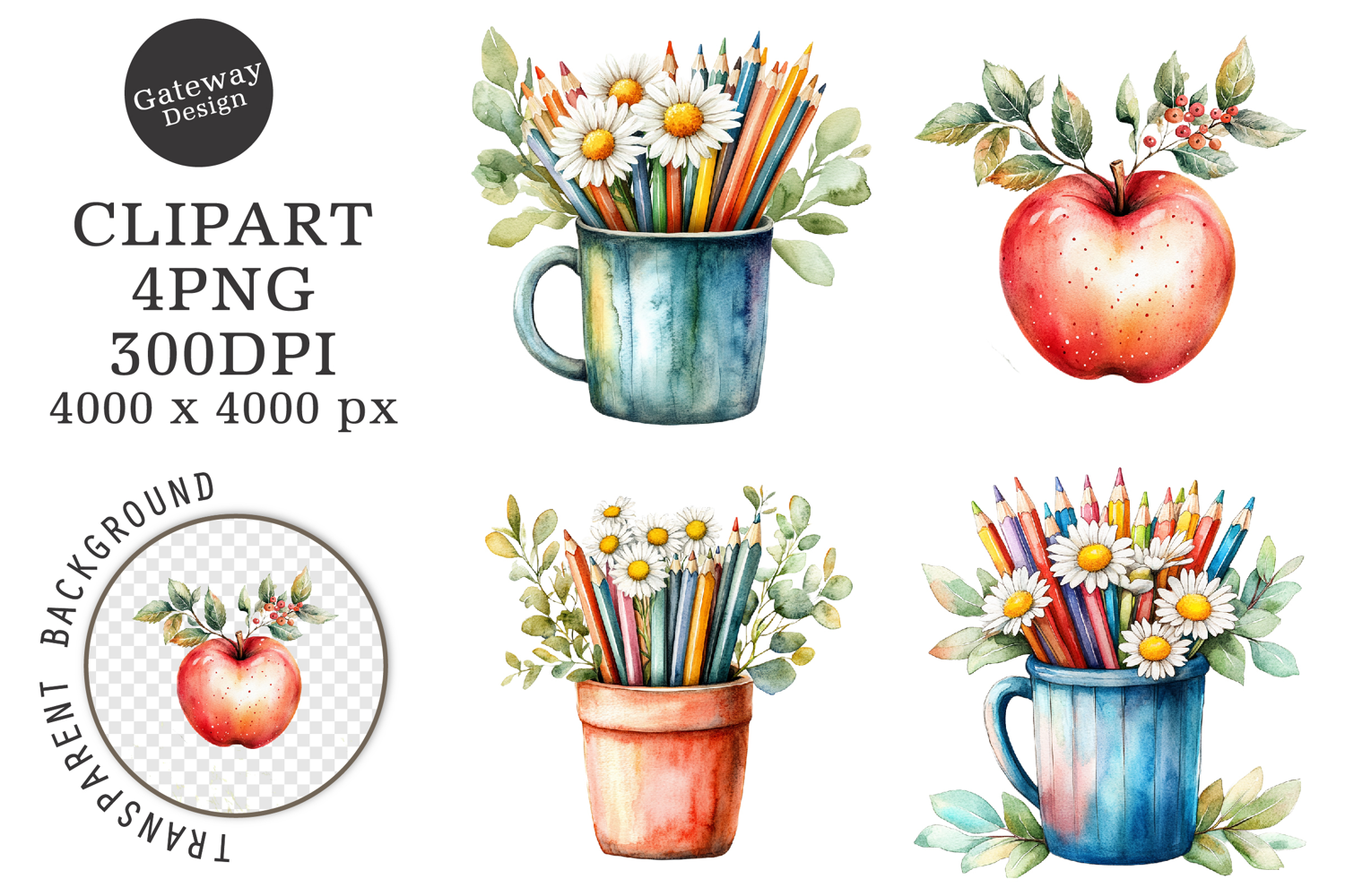 Watercolor Back To School Floral Arrangements Clipart product image 1