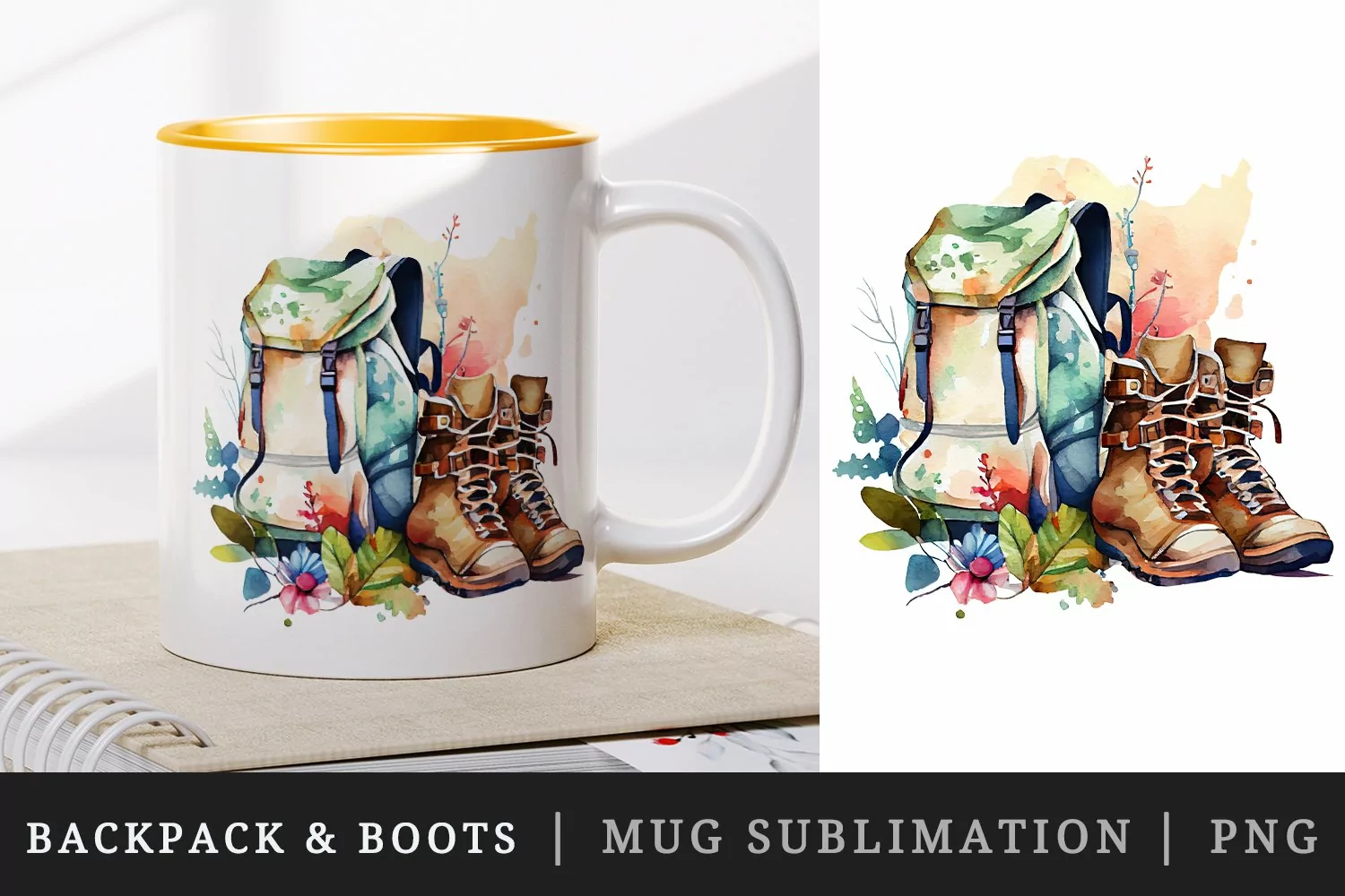 Backpack & hiking boots mug cup wrap sublimation design png