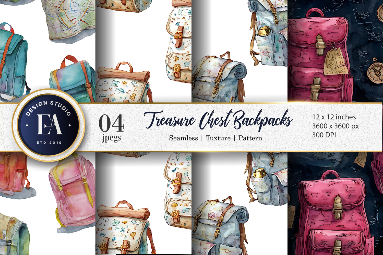 Watercolor Backpacks as Treasure Chest Pattern Digital Paper product image 1