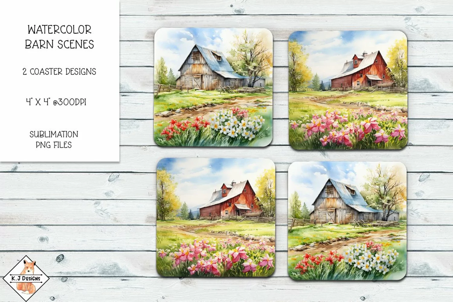 Watercolor Barn Scenes Coaster Design Sublimation product image 1