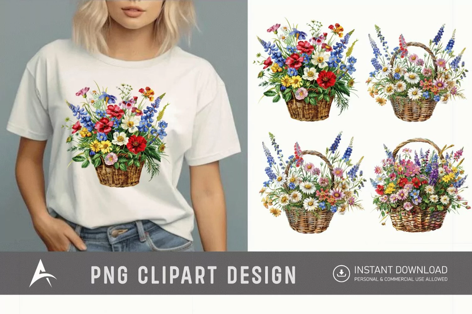 Watercolor Basket Of Flowers Clipart product image 1