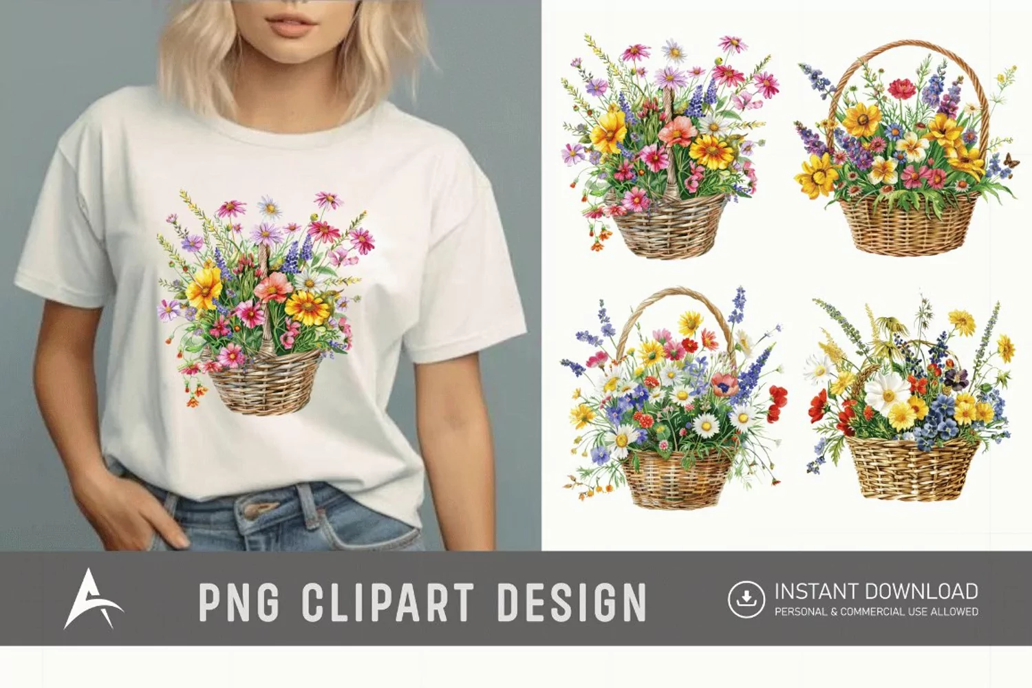 Watercolor Basket Of Flowers Clipart product image 1