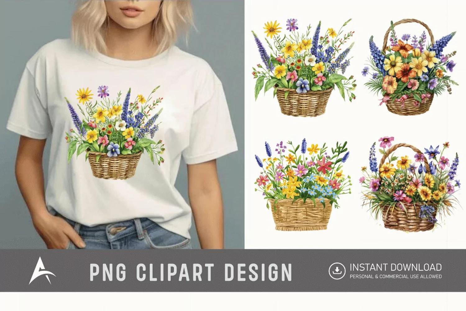 Watercolor Basket Of Flowers Clipart product image 1